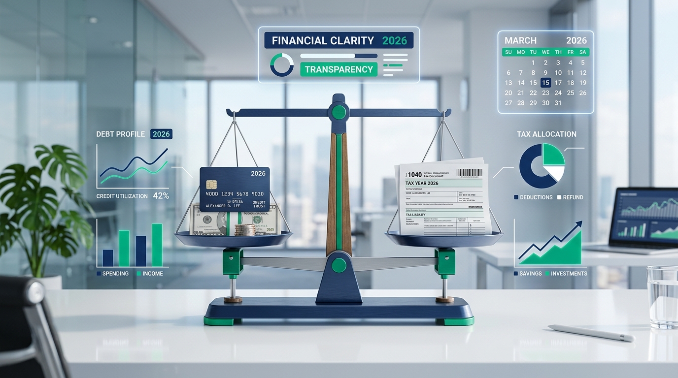 Balanced scale with a credit card and IRS tax document for a CuraDebt vs National Debt Relief 2026 debt relief comparison.