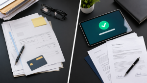 A split-screen visual showing a stack of bills to be paid (AP) on the left and a pile of signed customer contracts and incoming checks (AR) on the right.