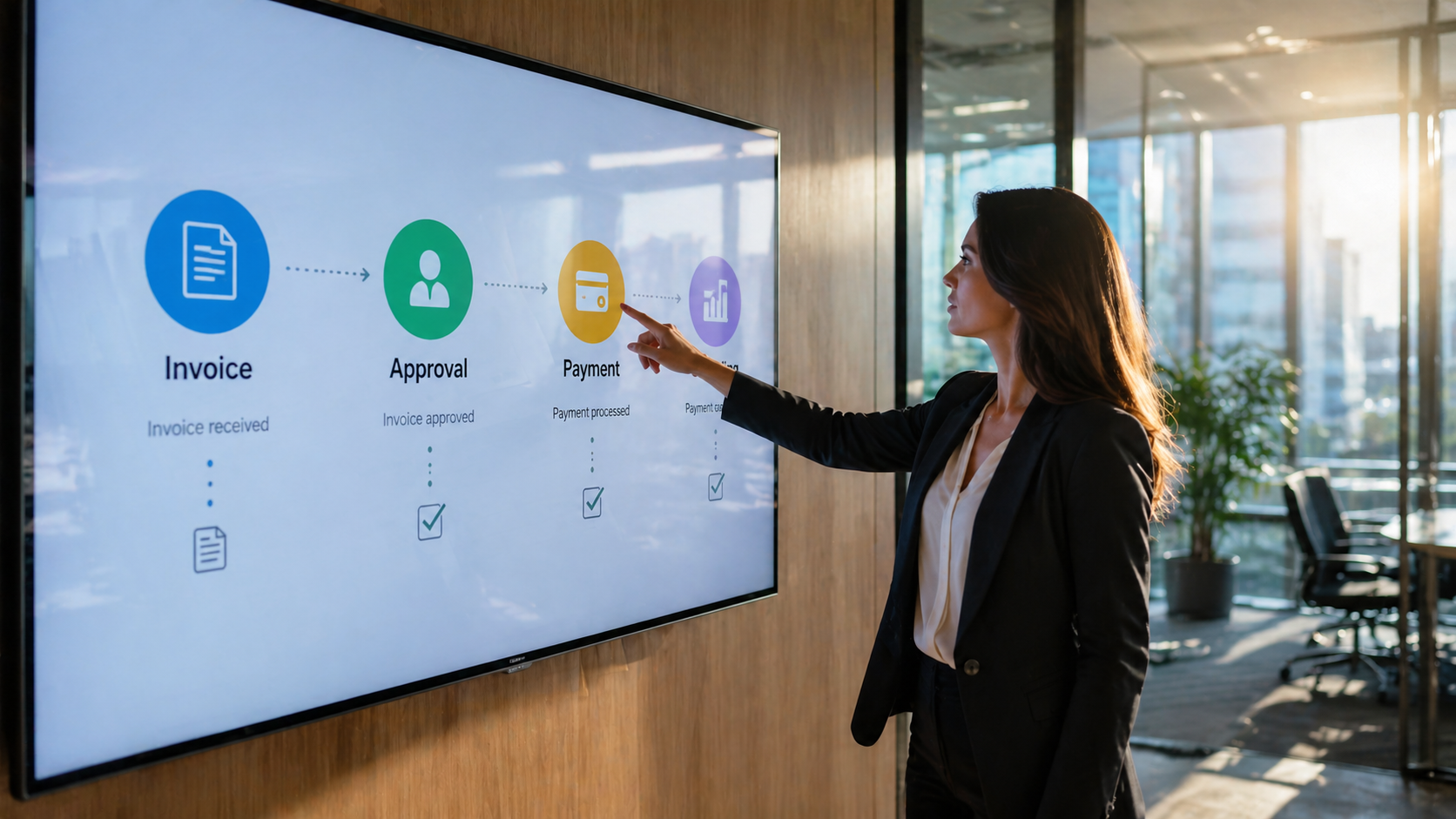 A professional woman in a bright office environment using a stylus to move digital invoice icons on a large touch-screen monitor, illustrating a smooth AP AR workflow.