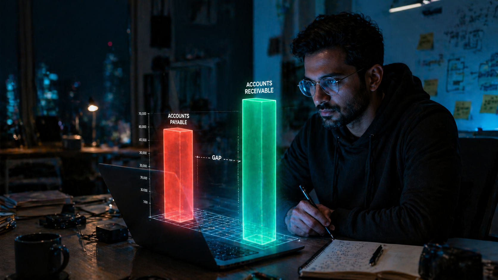 A small business owner looking at a glowing holographic projection of a bar chart showing a gap between expenses and revenue, representing the cash flow gap in business.