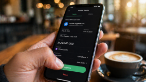 A close-up of a hand using a smartphone app to instantly approve a business bill, showing the simplicity of modern Bill AP and AR automation.