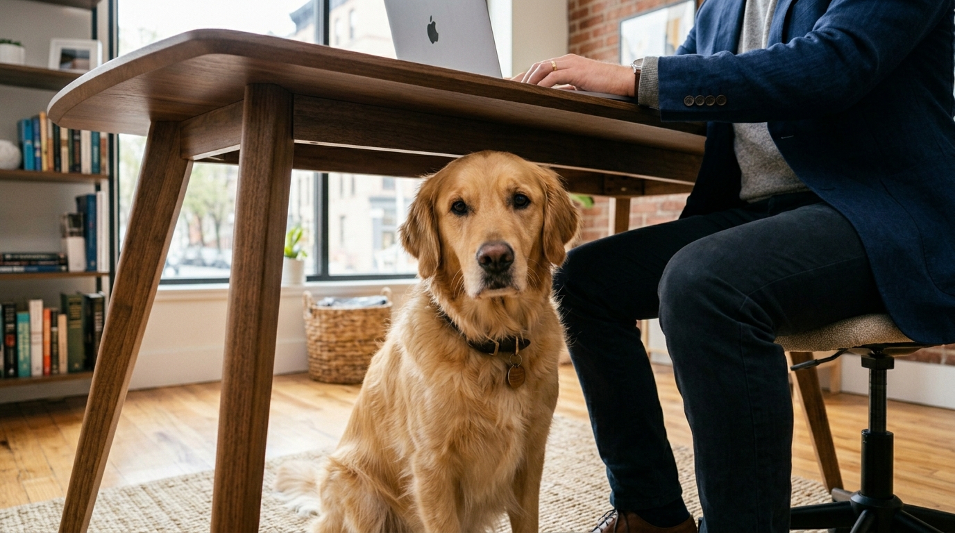 A golden retriever sitting under an office desk next to a small business owner working on a laptop.