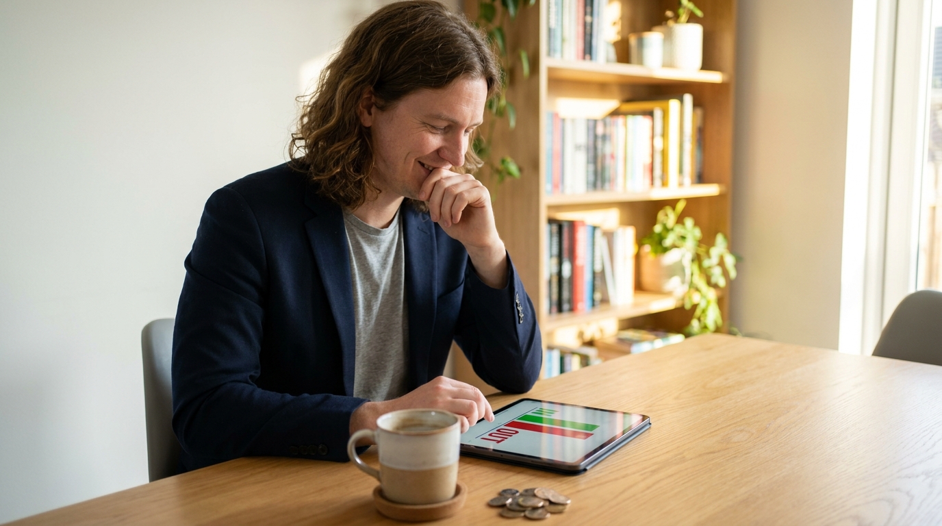 A confident small business owner sitting at a modern desk reviewing a visual dashboard of accounts payable (red) and receivable (green) on a tablet, symbolizing mastering Bill AP & AR for cash flow.