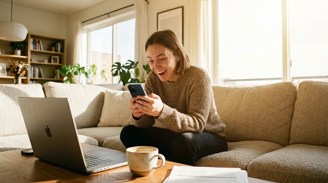 A young adult in a home office smiling at a smartphone notification showing a digital reward payout, representing the ease of earning on Freecash in 2026