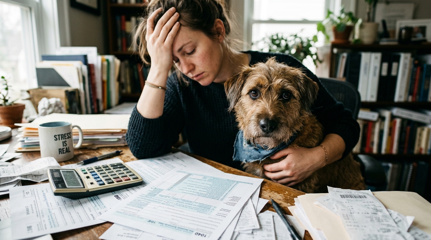 A stressed small business owner reviewing 2026 IRS tax forms and receipts at a desk while holding their dog, illustrating pet insurance tax deductibility.
