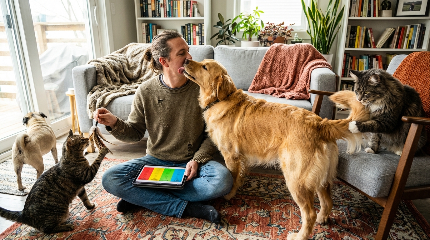 A pet owner sitting on a living room floor surrounded by three dogs and two cats, looking thoughtfully at a tablet displaying insurance comparison charts, symbolizing Lemonade vs Trupanion for multi-pet households.