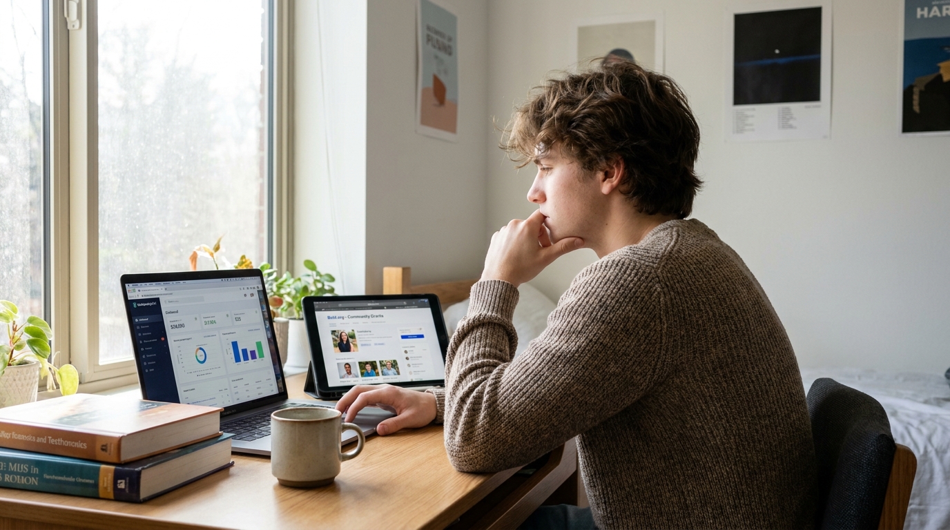 A college student in a sunlit dorm room thoughtfully comparing the ScholarshipOwl automated dashboard on a laptop with the Bold.org creative profile on a tablet.